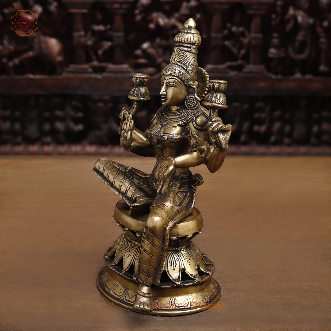 Brass Goddess Lakshmi Statue, Sitting on a Lotus, Fine Golden Finish 12"