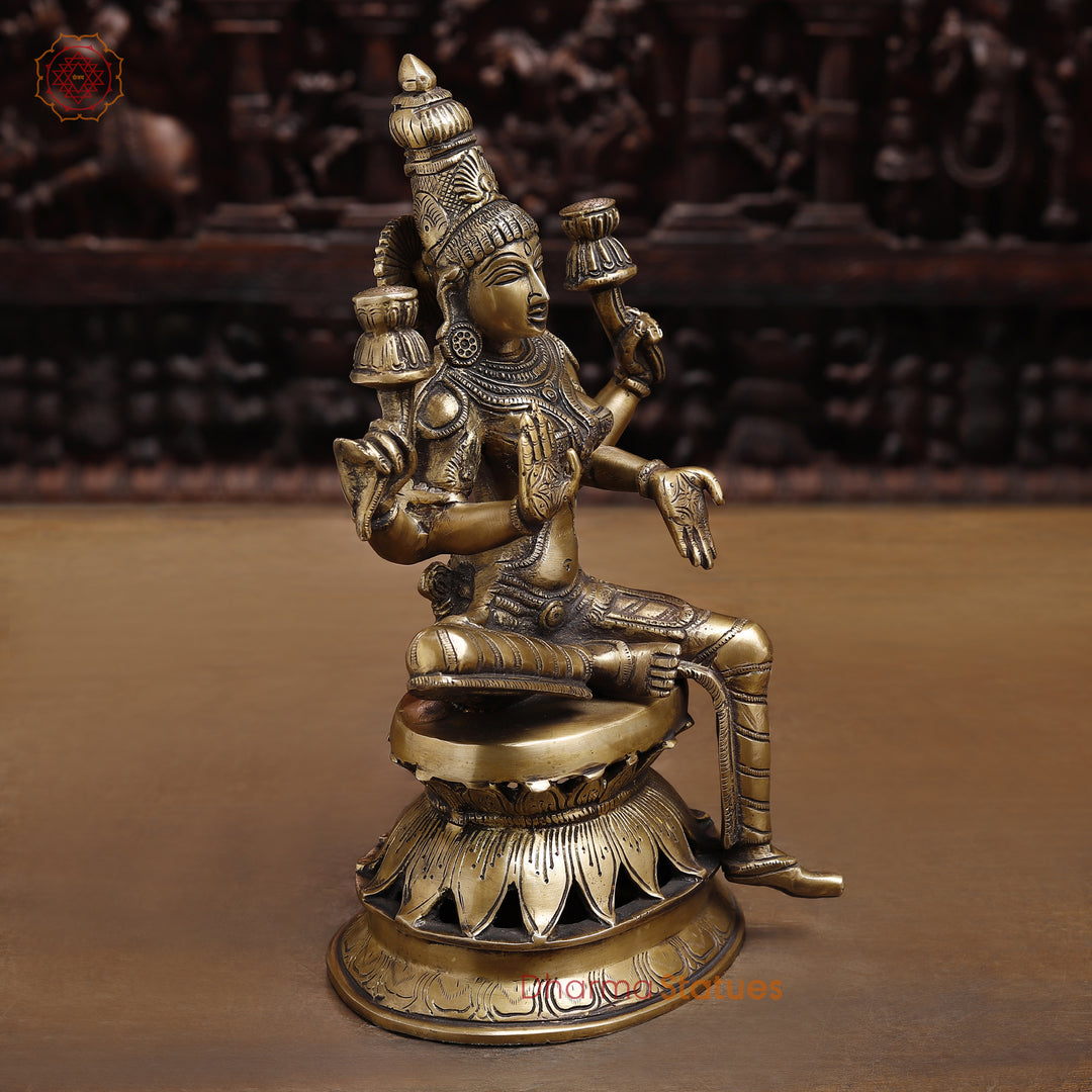 Brass Goddess Lakshmi Statue, Sitting on a Lotus, Fine Golden Finish 12"