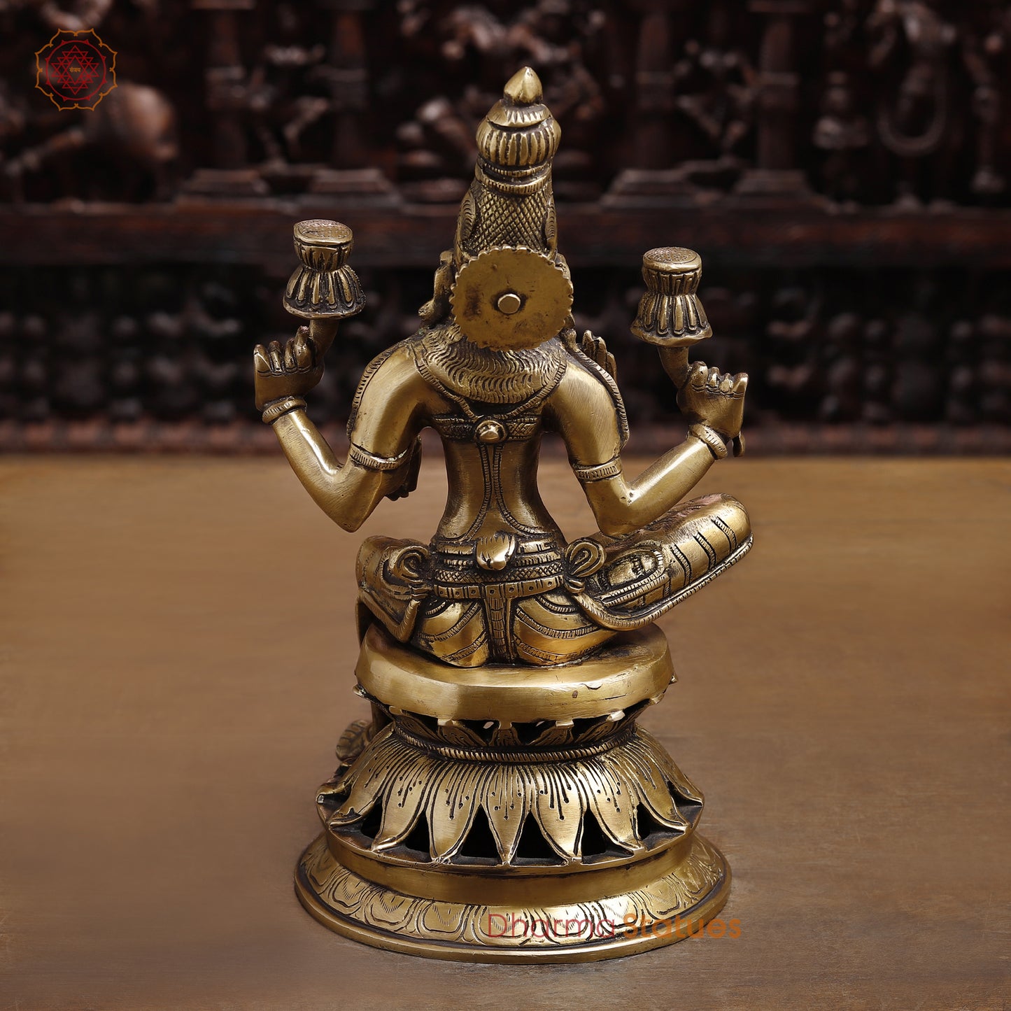 Brass Goddess Lakshmi Statue, Sitting on a Lotus, Fine Golden Finish 12"