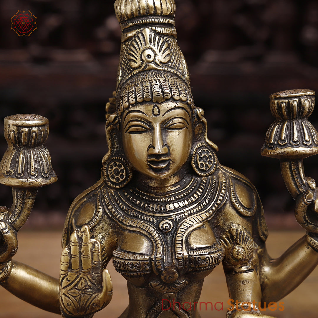 Brass Goddess Lakshmi Statue, Sitting on a Lotus, Fine Golden Finish 12"