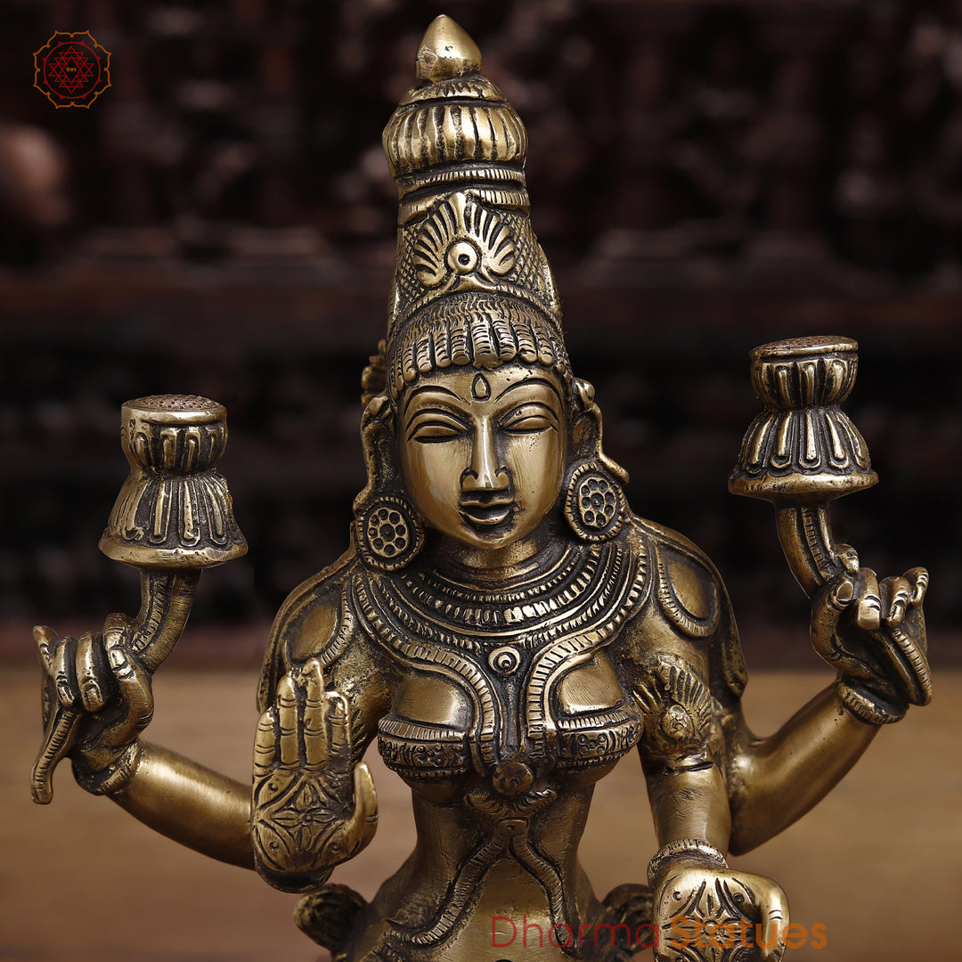 Brass Goddess Lakshmi Statue, Sitting on a Lotus, Fine Golden Finish 12"