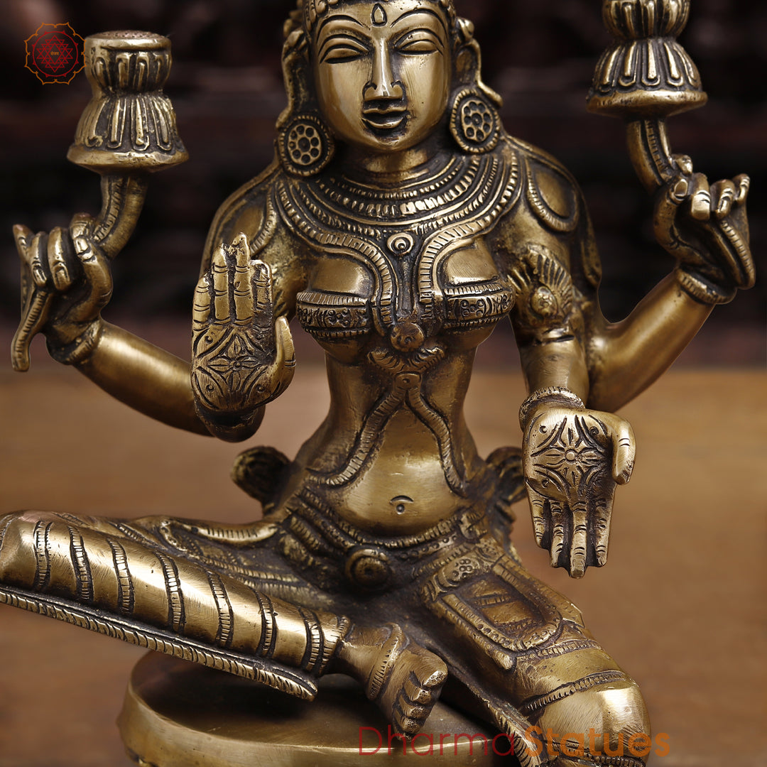 Brass Goddess Lakshmi Statue, Sitting on a Lotus, Fine Golden Finish 12"