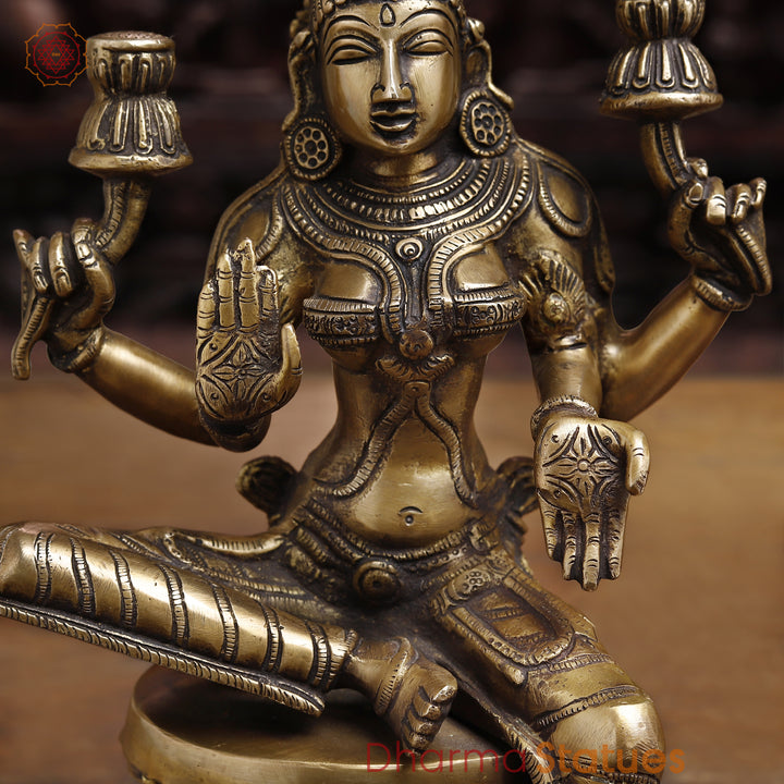 Brass Goddess Lakshmi Statue, Sitting on a Lotus, Fine Golden Finish 12"