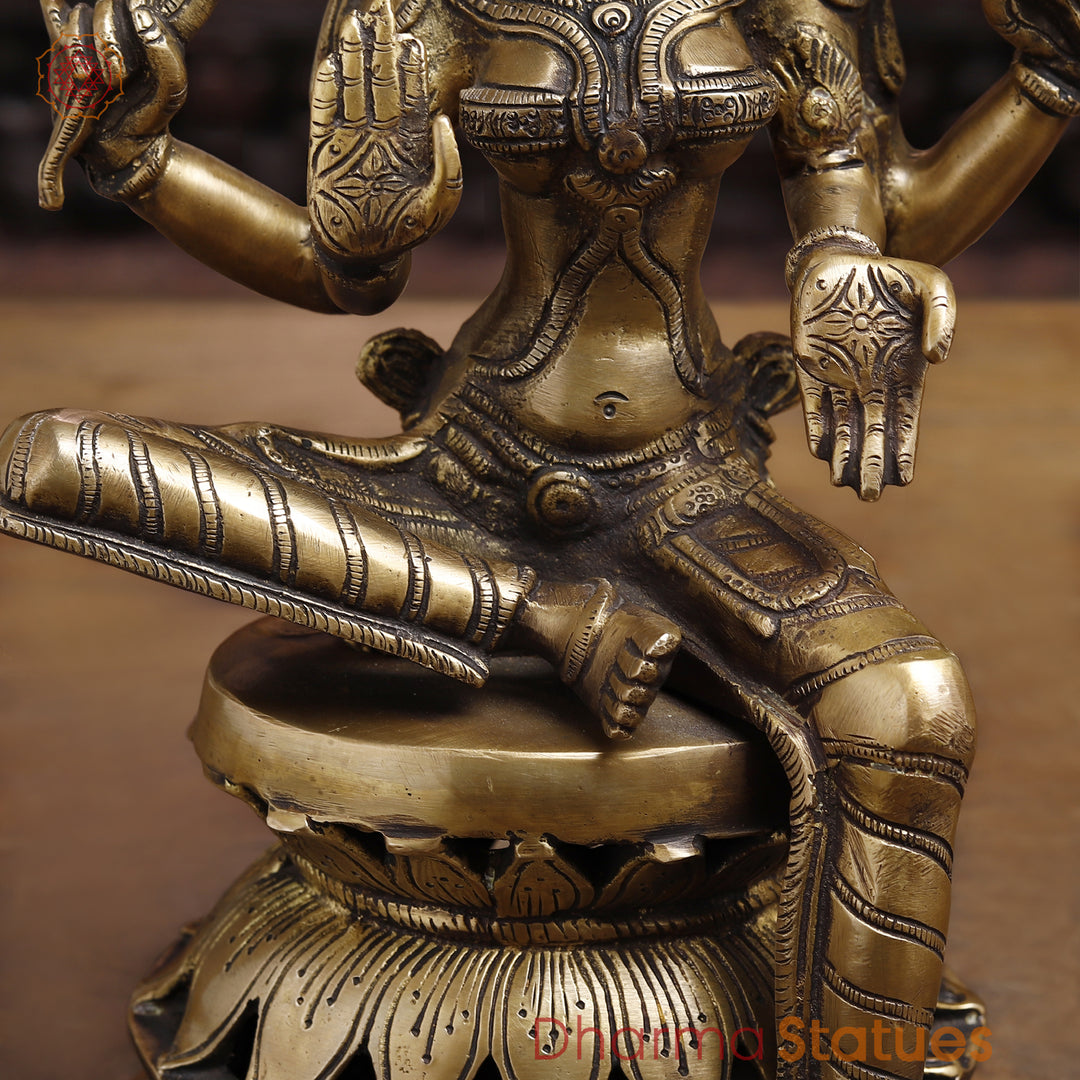 Brass Goddess Lakshmi Statue, Sitting on a Lotus, Fine Golden Finish 12"