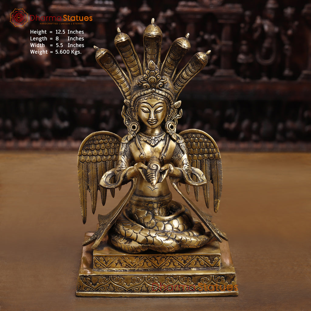 Brass Nag Kanya, Seated on Base, Smooth Fine Golden Finish 12.5"