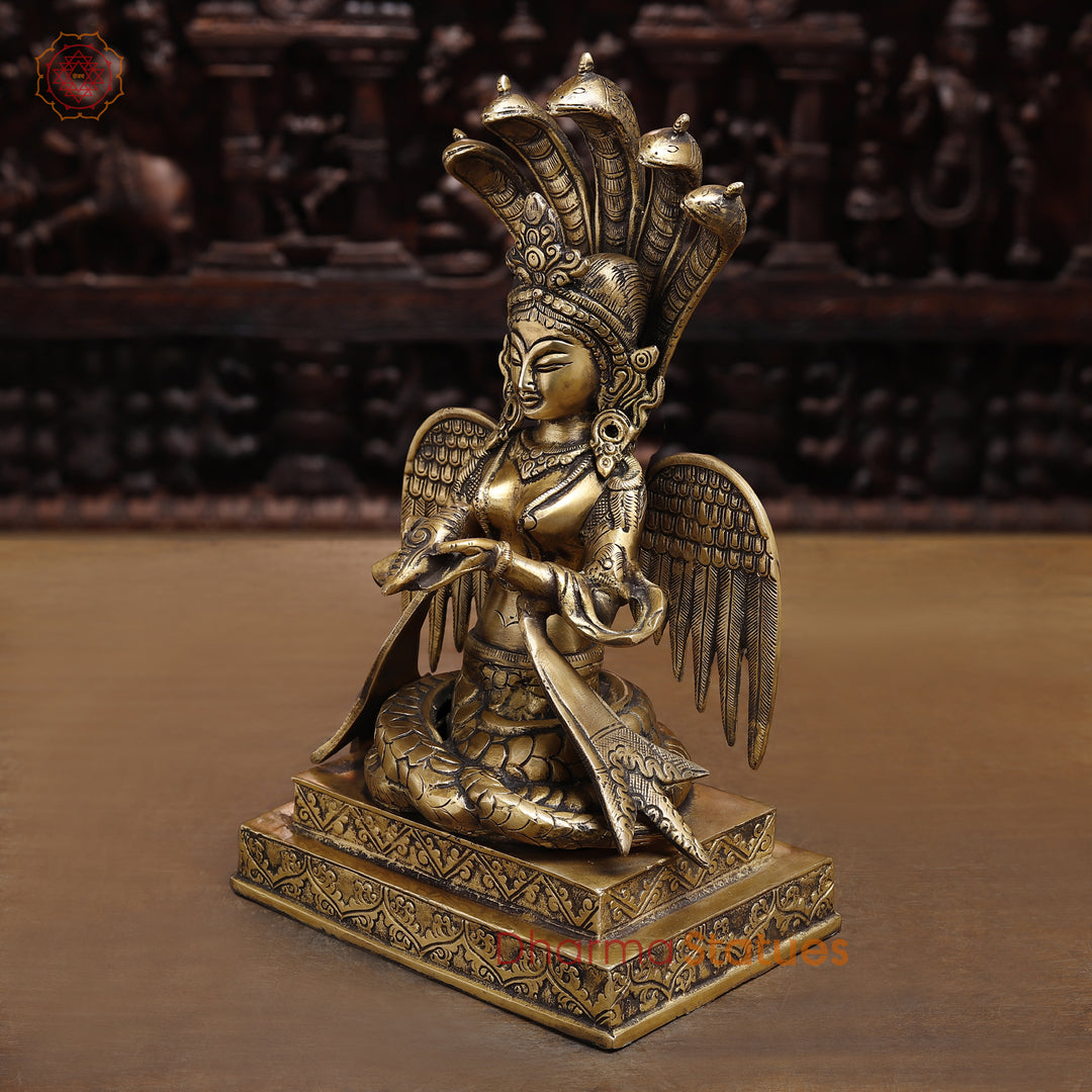 Brass Nag Kanya, Seated on Base, Smooth Fine Golden Finish 12.5"