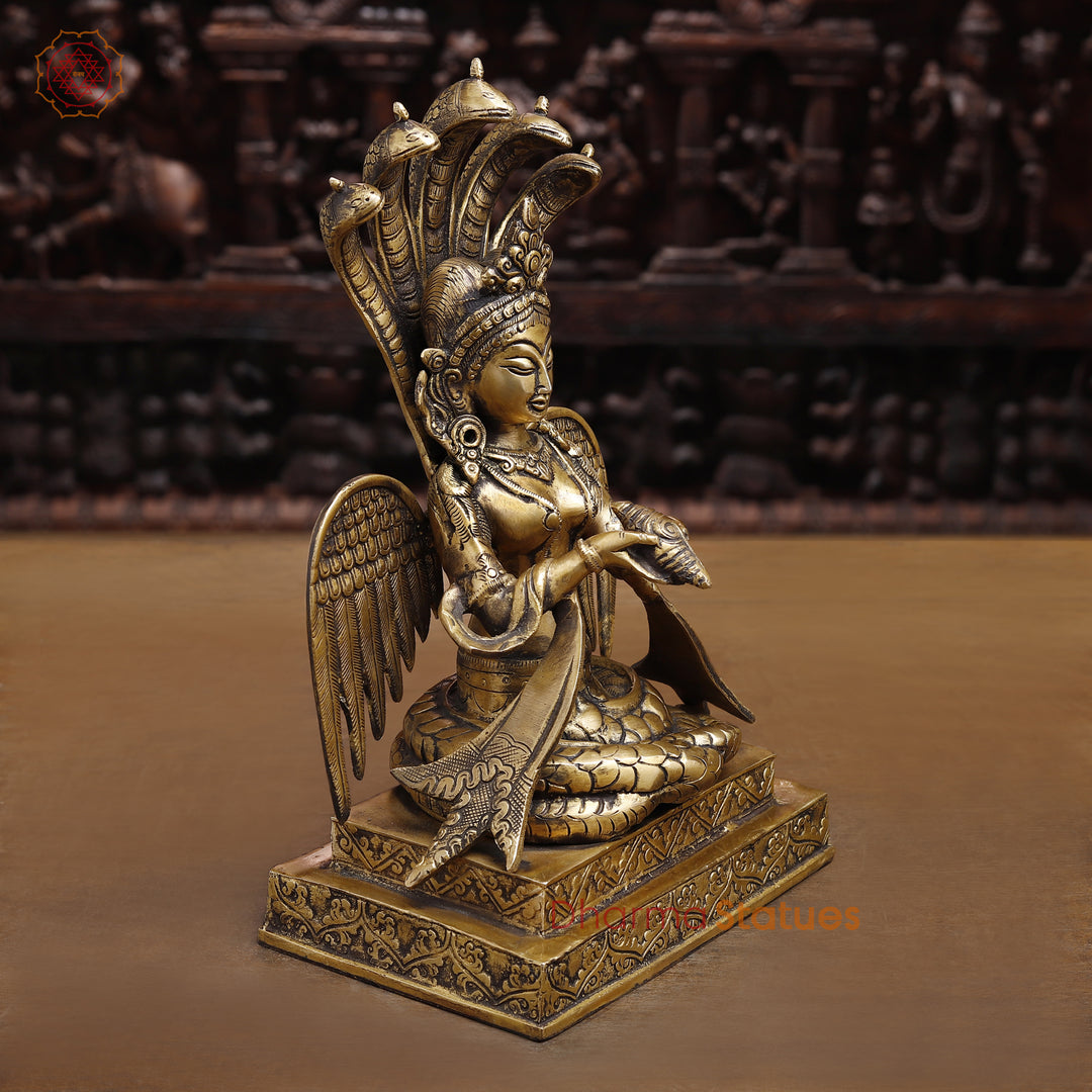 Brass Nag Kanya, Seated on Base, Smooth Fine Golden Finish 12.5"