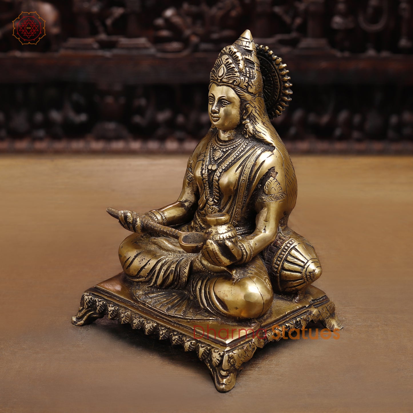 Brass Annaporna Devi Seated On Chowki, Fine Golden 9.5"