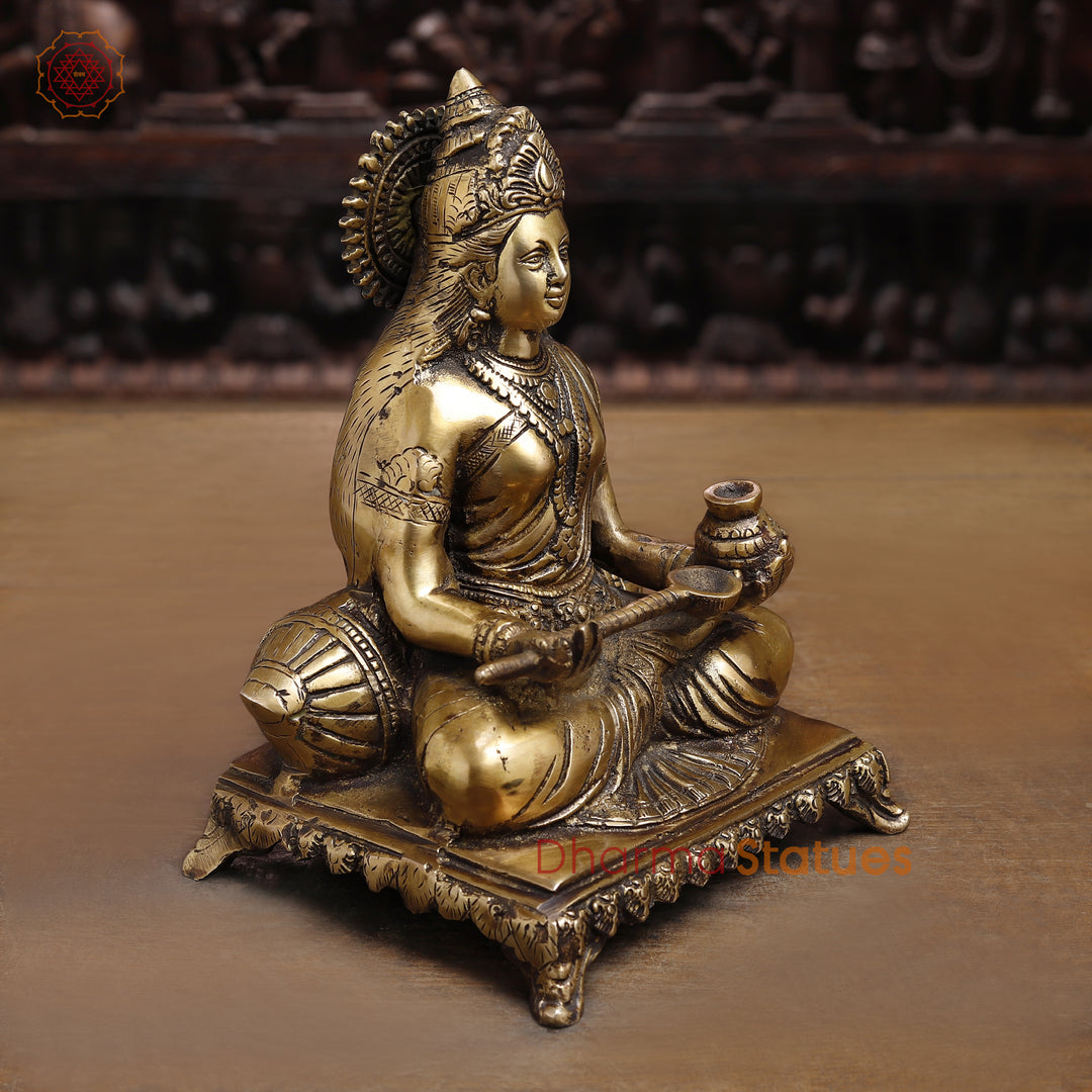 Brass Annaporna Devi Seated On Chowki, Fine Golden 9.5"