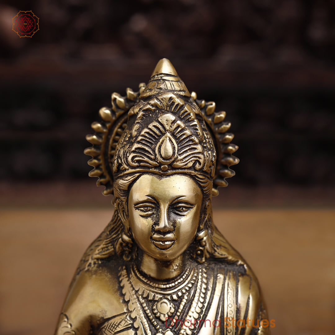 Brass Annaporna Devi Seated On Chowki, Fine Golden 9.5"