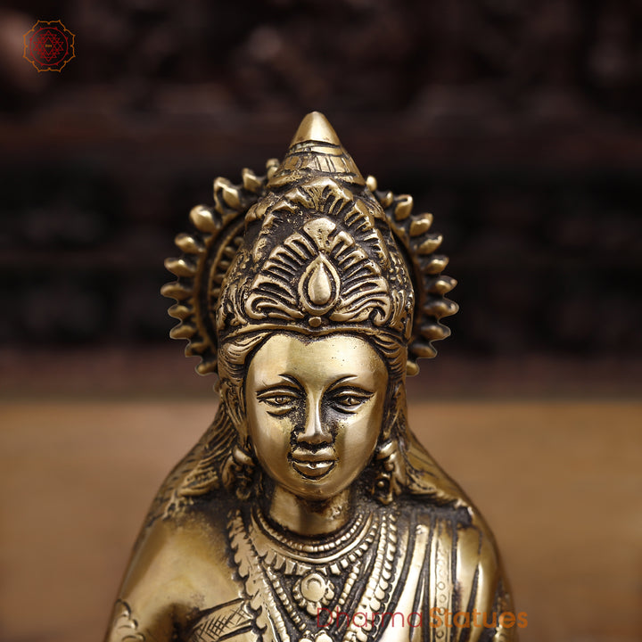 Brass Annaporna Devi Seated On Chowki, Fine Golden 9.5"