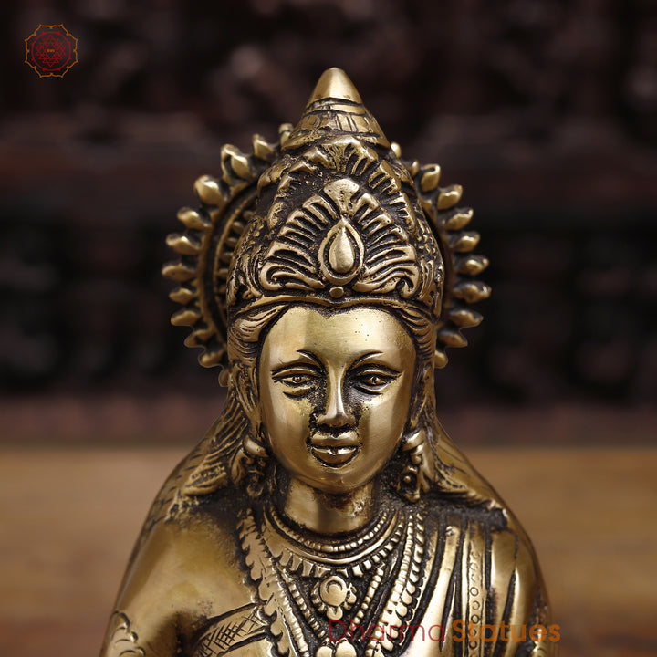 Brass Annaporna Devi Seated On Chowki, Fine Golden 9.5"