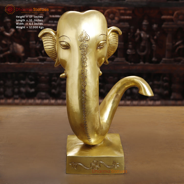 Brass Lord Ganesha Idol, Modern Ganesh Head Brass Statue, Golden Fine Finish 17" Front View