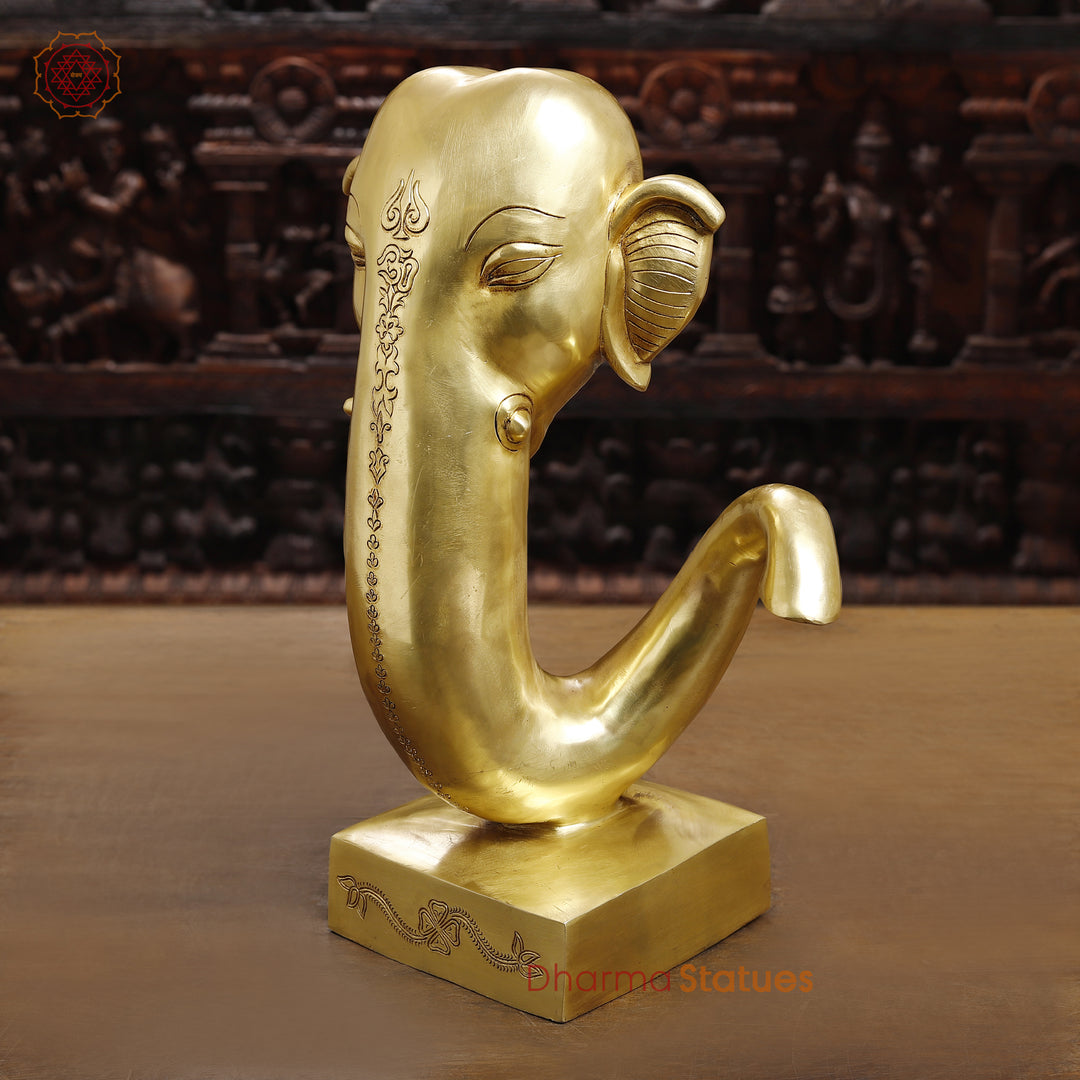 Brass Lord Ganesha Idol, Modern Ganesh Head Brass Statue, Golden Fine Finish 17"