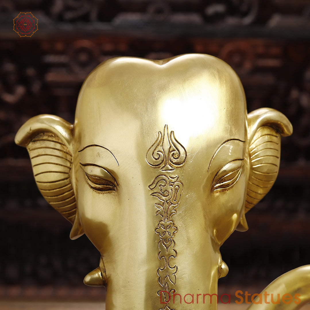 Brass Lord Ganesha Idol, Modern Ganesh Head Brass Statue, Golden Fine Finish 17"