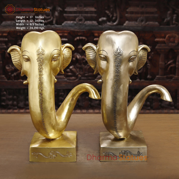 Brass Lord Ganesha Idol, Modern Ganesh Head Brass Statue, Golden Fine Finish 17"