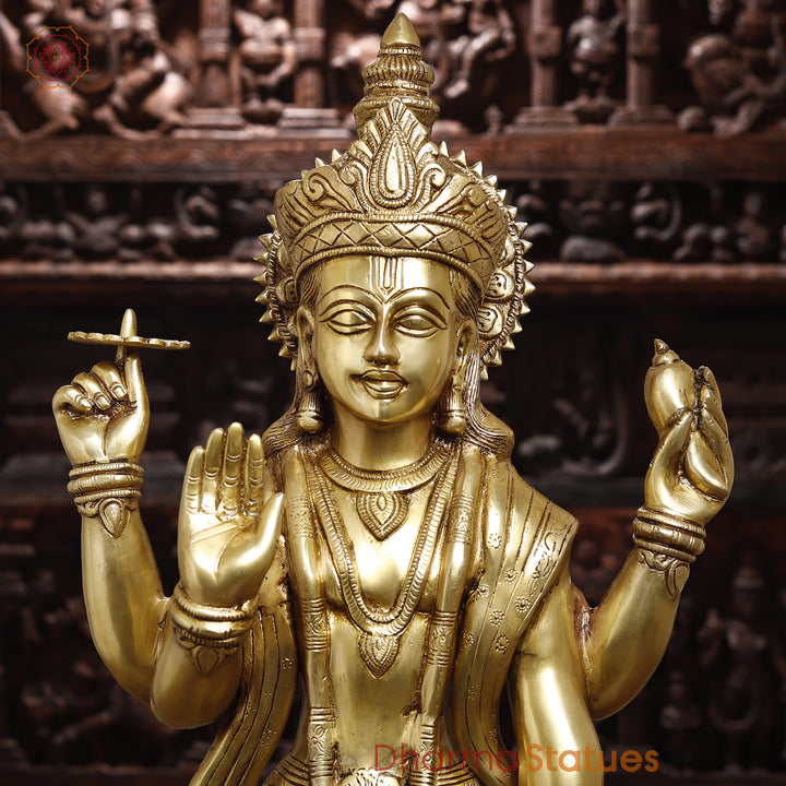 Brass Vishnu Lakshmi Standing on lotus base, Special Gold finish-30"