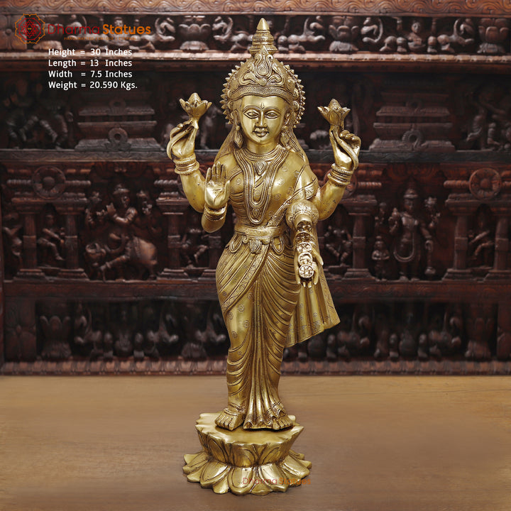 Brass Lakshmi Idol, Standing in Abhaya & Varada Mudra, Fine Golden Finish 30"