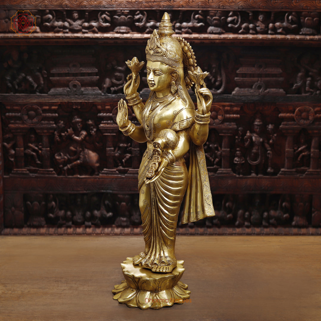 Brass Lakshmi Idol, Standing in Abhaya & Varada Mudra, Fine Golden Finish 30"