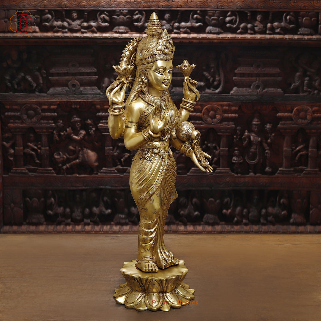 Brass Lakshmi Idol, Standing in Abhaya & Varada Mudra, Fine Golden Finish 30"