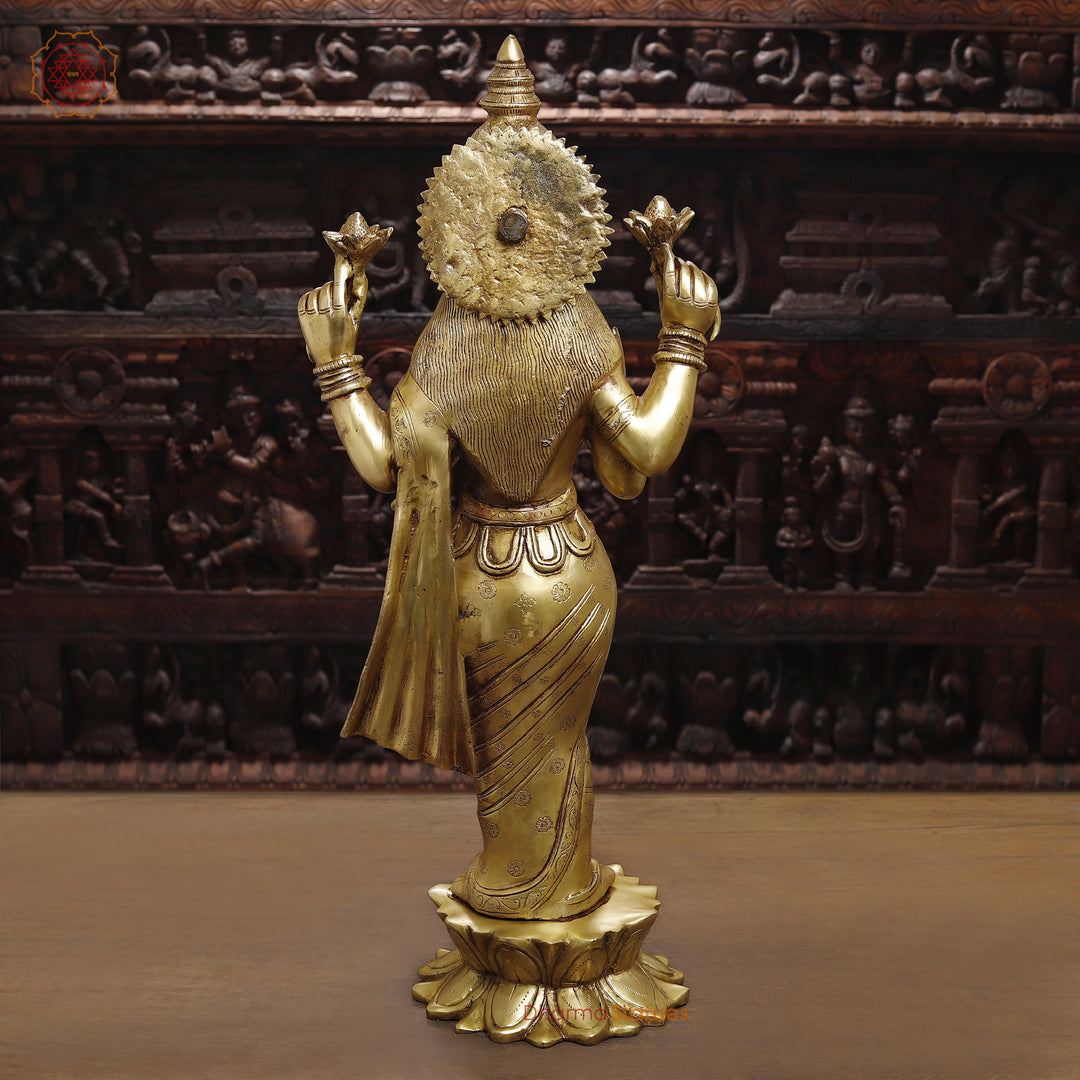 Brass Lakshmi Idol, Standing in Abhaya & Varada Mudra, Fine Golden Finish 30"