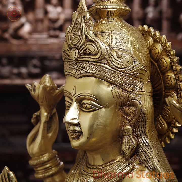 Brass Lakshmi Idol, Standing in Abhaya & Varada Mudra, Fine Golden Finish 30"