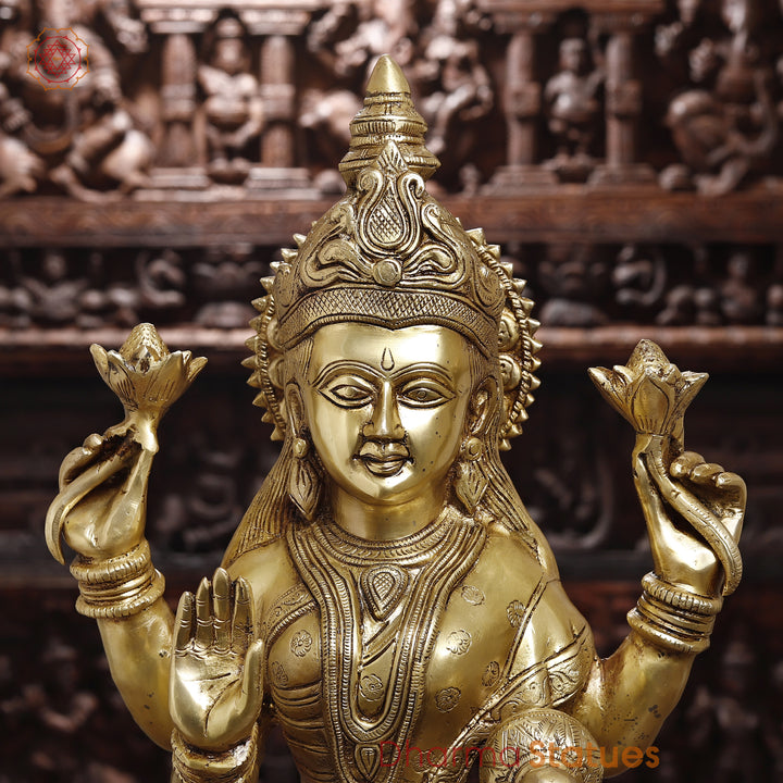 Brass Lakshmi Idol, Standing in Abhaya & Varada Mudra, Fine Golden Finish 30"