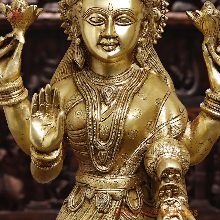 Brass Lakshmi Idol, Standing in Abhaya & Varada Mudra, Fine Golden Finish 30"