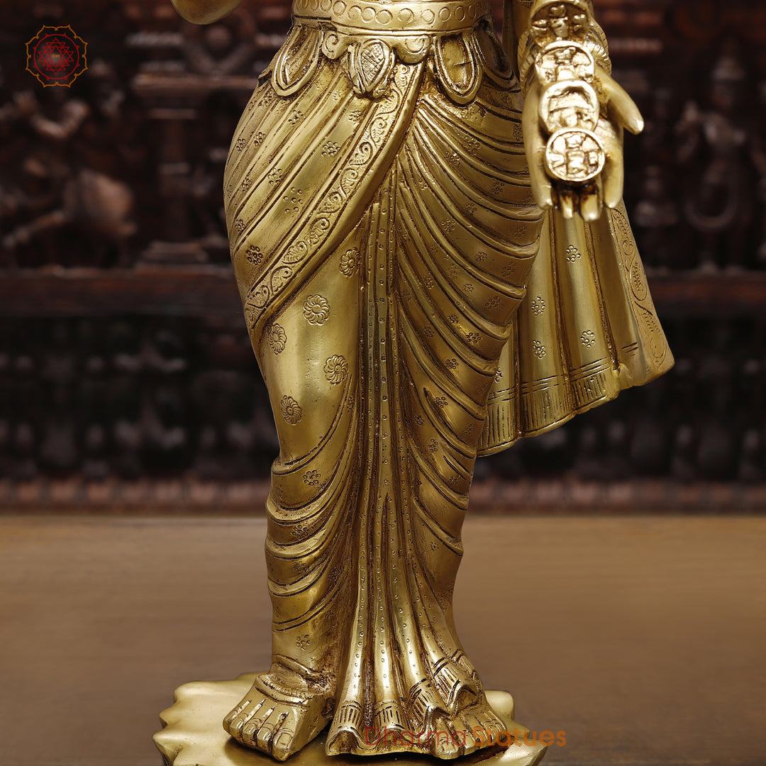 Brass Lakshmi Idol, Standing in Abhaya & Varada Mudra, Fine Golden Finish 30"