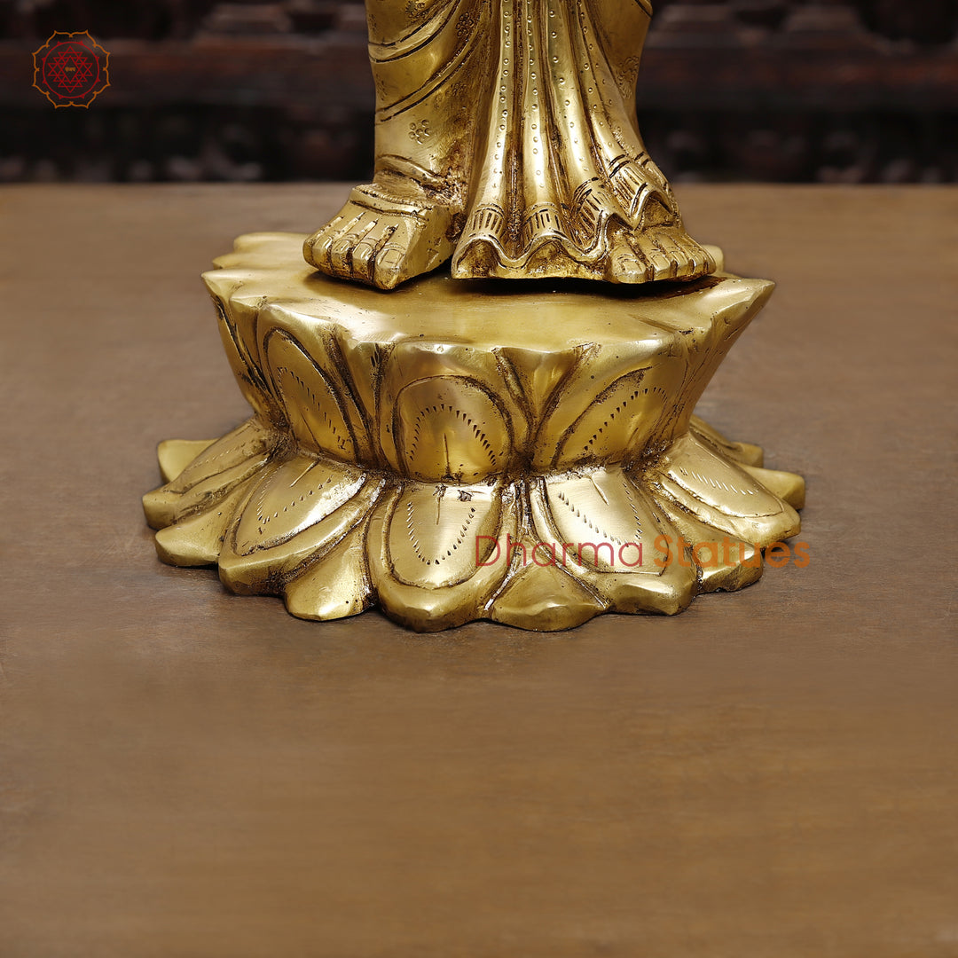 Brass Lakshmi Idol, Standing in Abhaya & Varada Mudra, Fine Golden Finish 30"