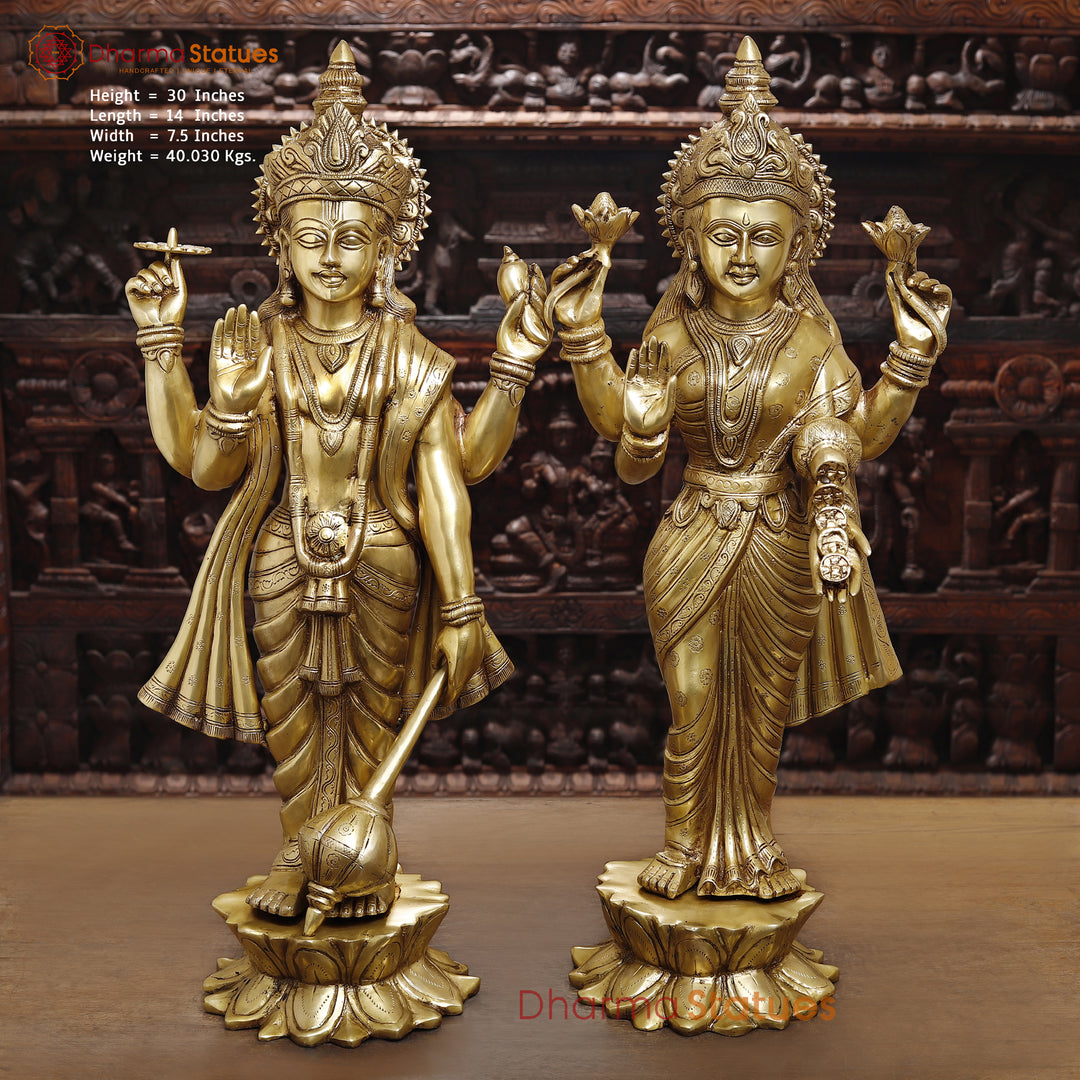 Brass Vishnu Lakshmi Idol, Lord Vishnu Lakshmi Pair Standing Posture Golden-30" Front View