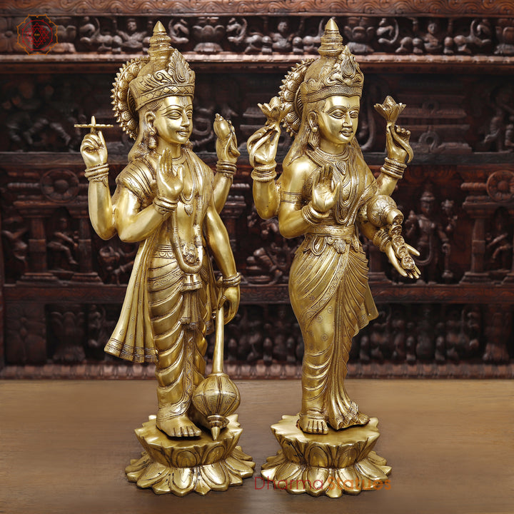 Brass Vishnu Lakshmi Standing on lotus base, Special Gold finish-30"