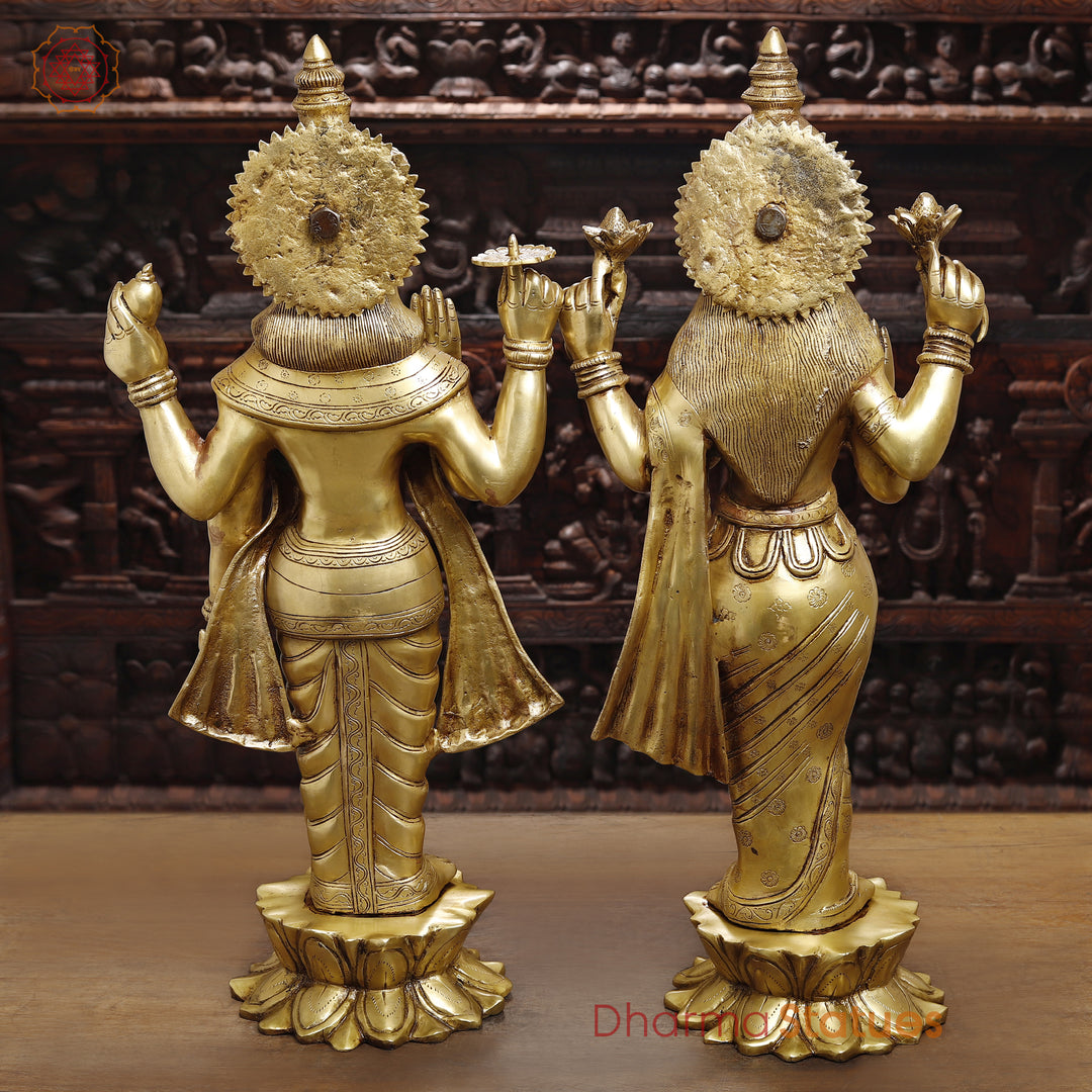 Brass Vishnu Lakshmi Standing on lotus base, Special Gold finish-30"