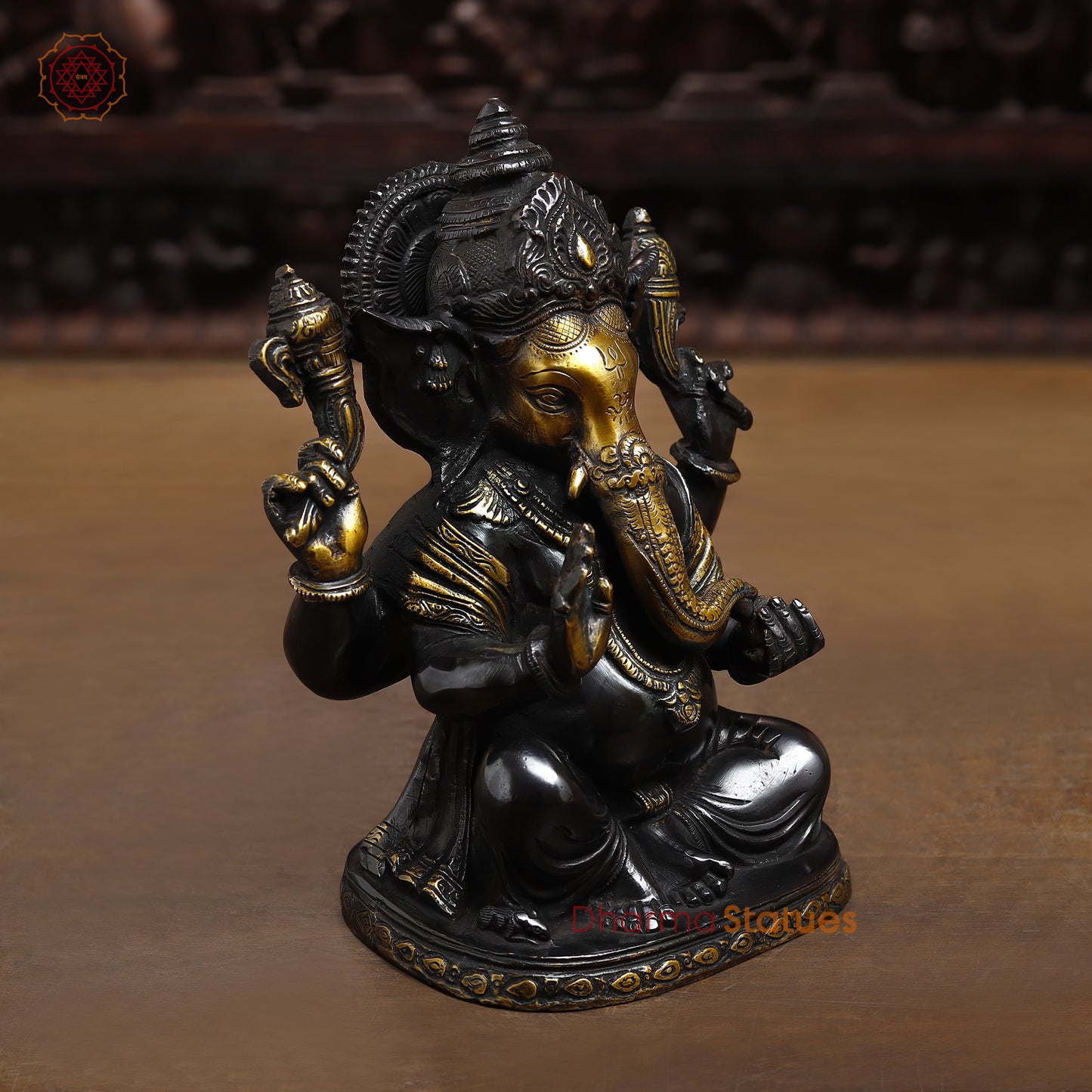 Brass Ganesh seated in Blessing Posture, Golden & Black Patina, 8.5"