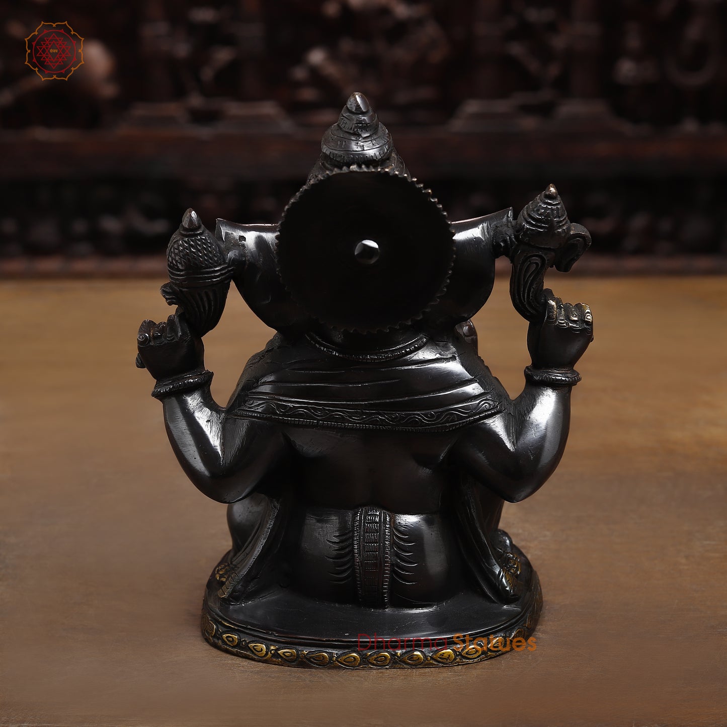 Brass Ganesh seated in Blessing Posture, Golden & Black Patina, 8.5"