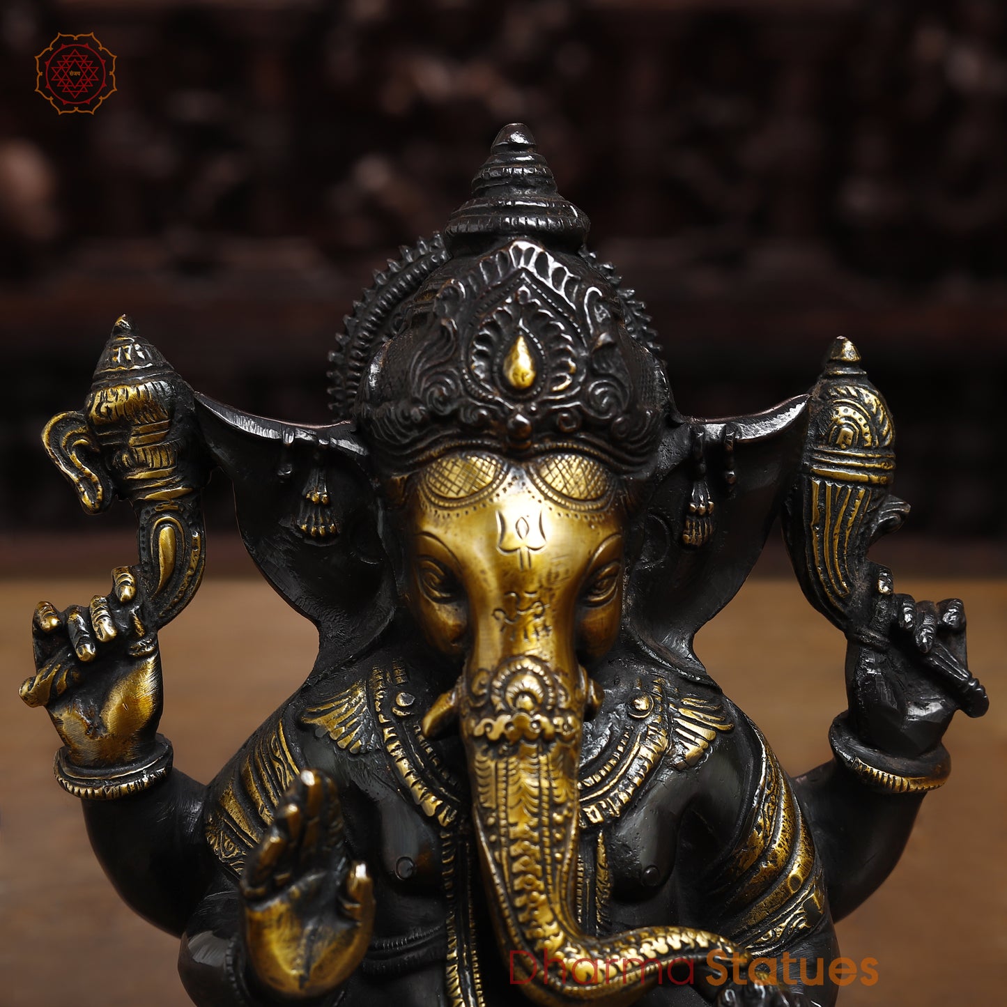 Brass Ganesh seated in Blessing Posture, Golden & Black Patina, 8.5"