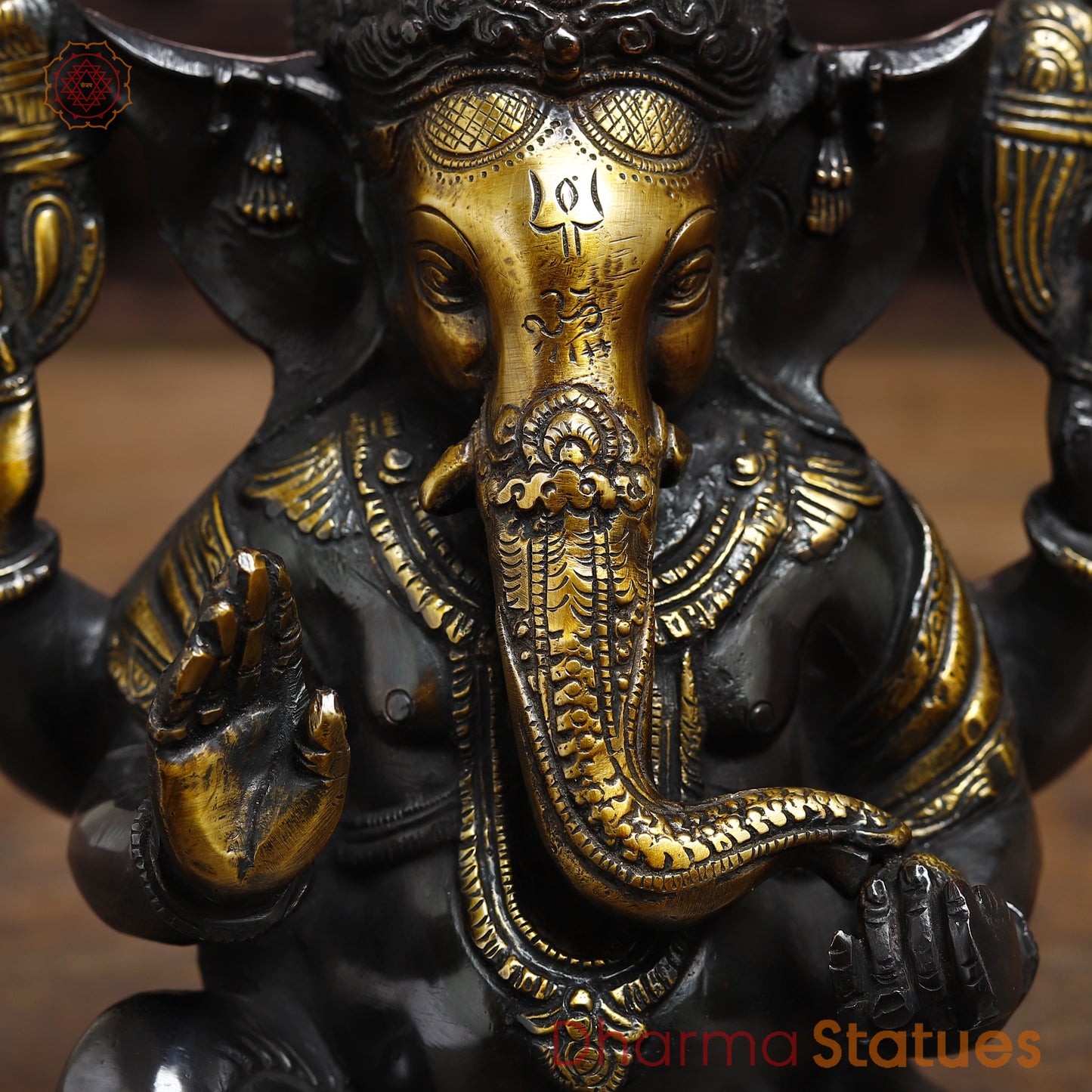 Brass Ganesh seated in Blessing Posture, Golden & Black Patina, 8.5"