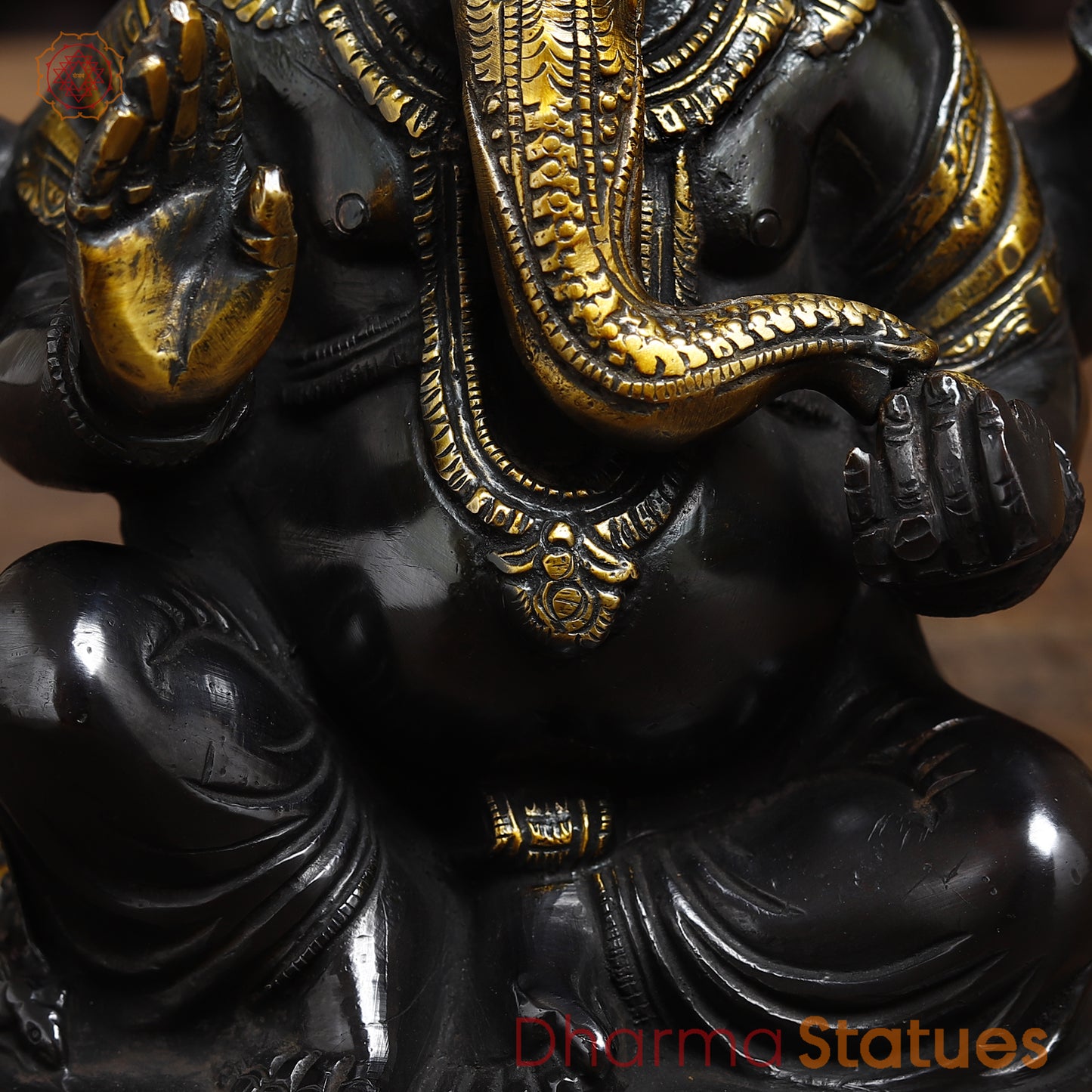 Brass Ganesh seated in Blessing Posture, Golden & Black Patina, 8.5"