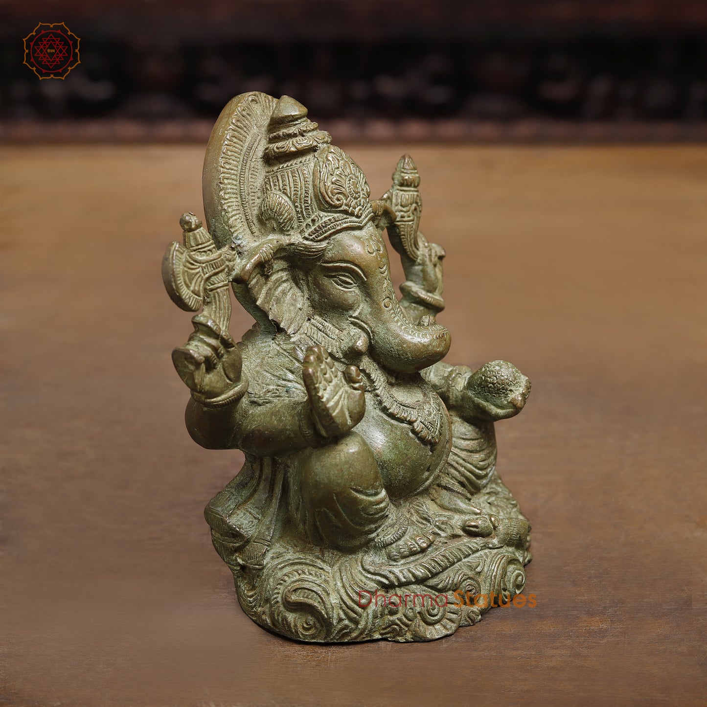 Brass Ganesh seated in Blessing Posture, Fine Green, 6"