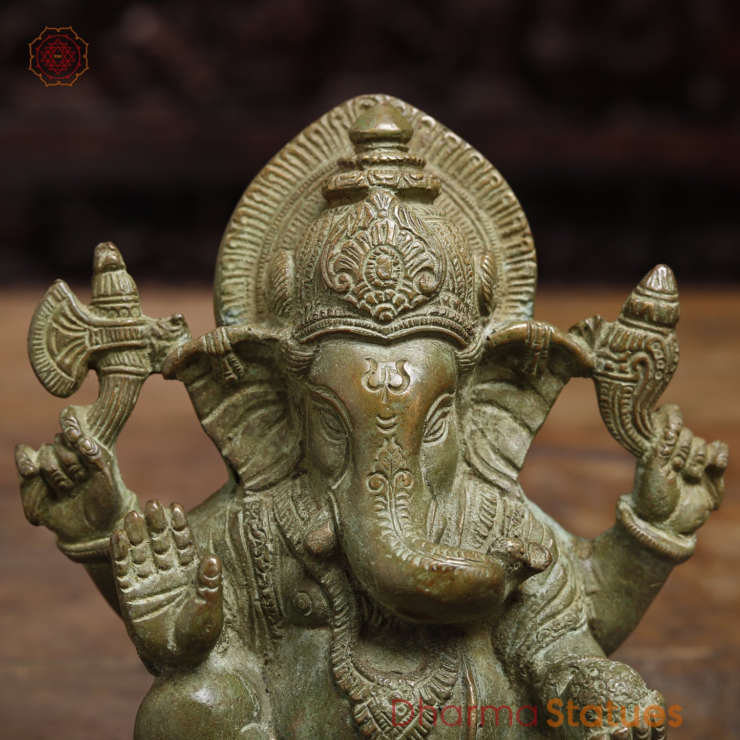 Brass Ganesh seated in Blessing Posture, Fine Green, 6"