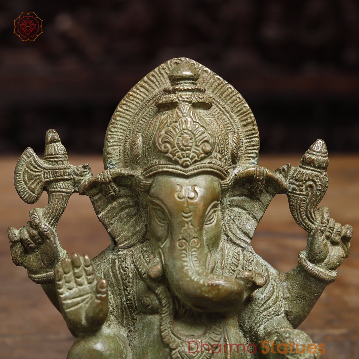 Brass Ganesh seated in Blessing Posture, Fine Green, 6"