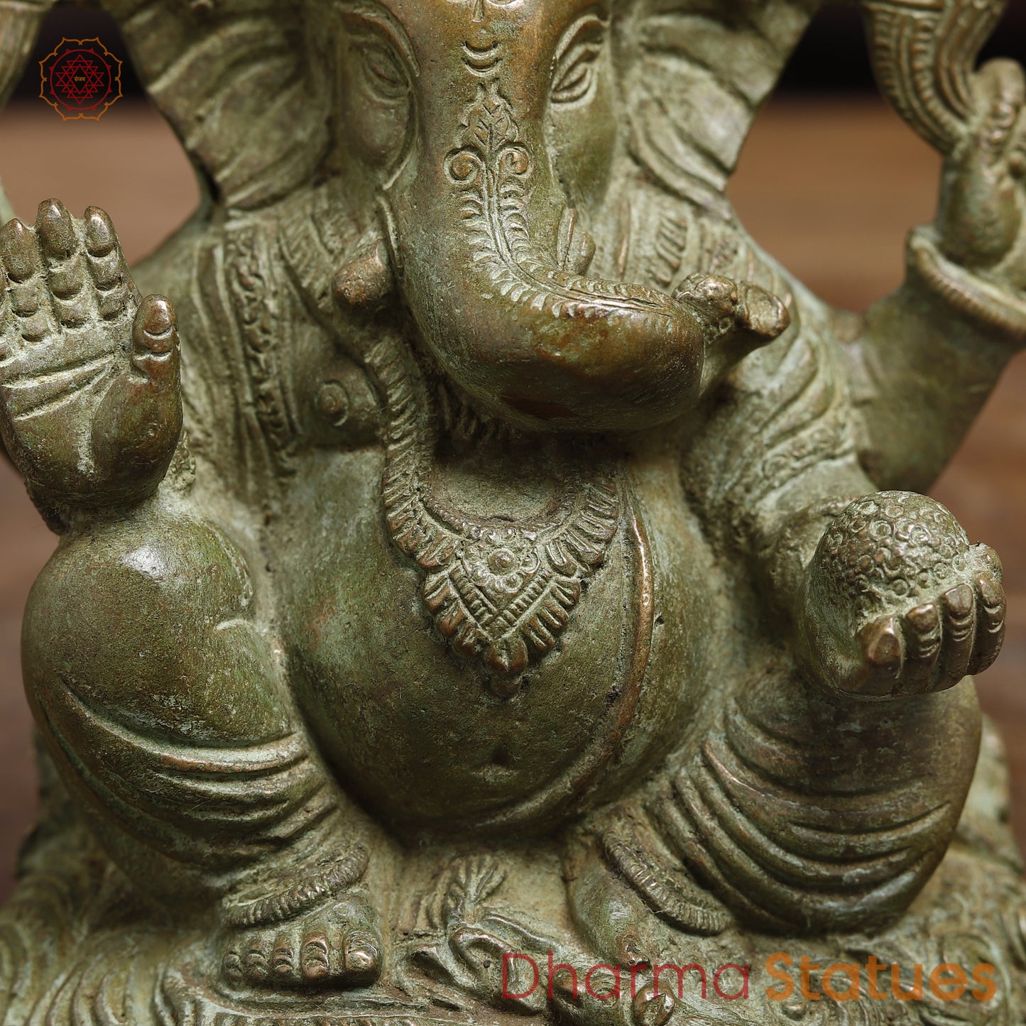 Brass Ganesh seated in Blessing Posture, Fine Green, 6"
