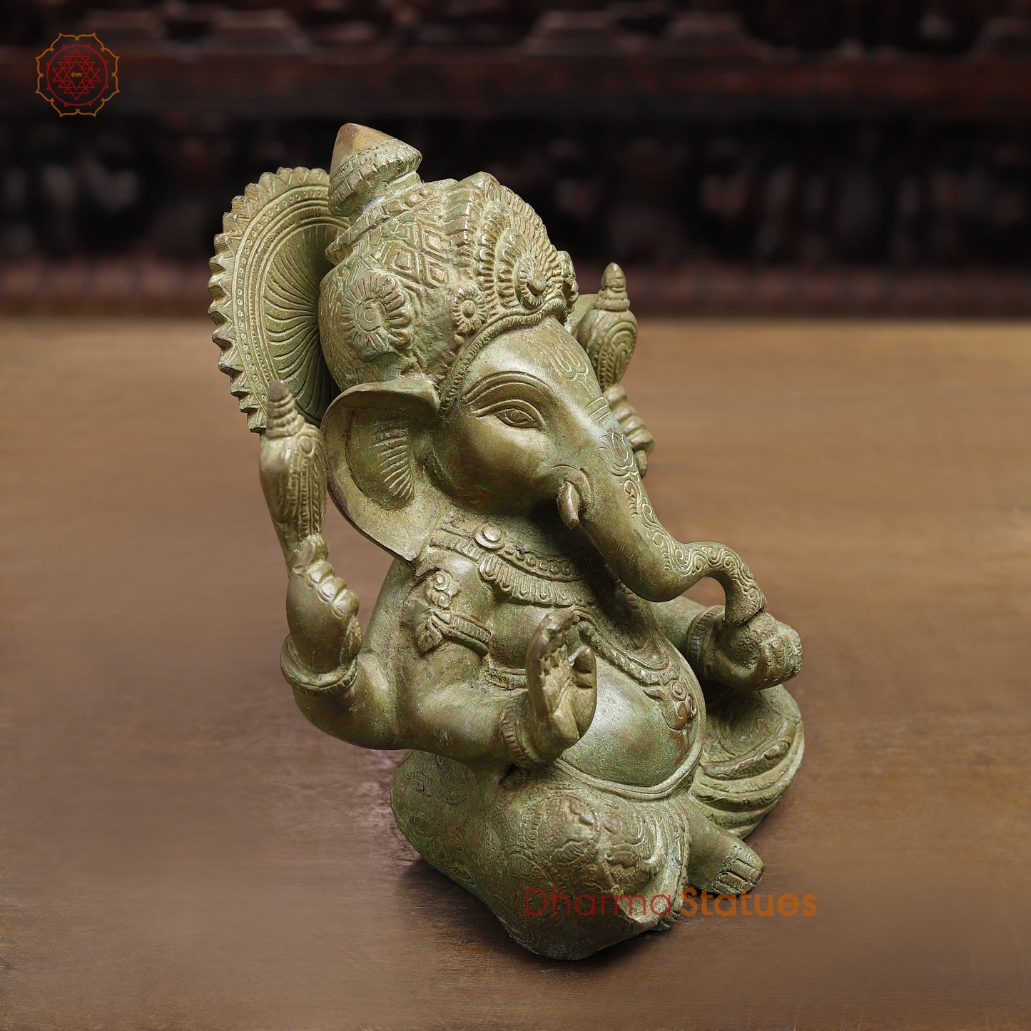 Brass Ganesh seated in Blessing Posture, Fine Green Finish, 8"