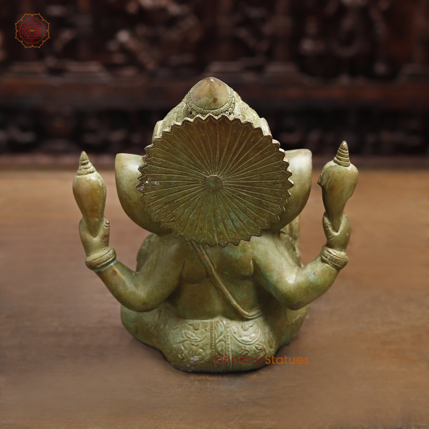 Brass Ganesh seated in Blessing Posture, Fine Green Finish, 8"