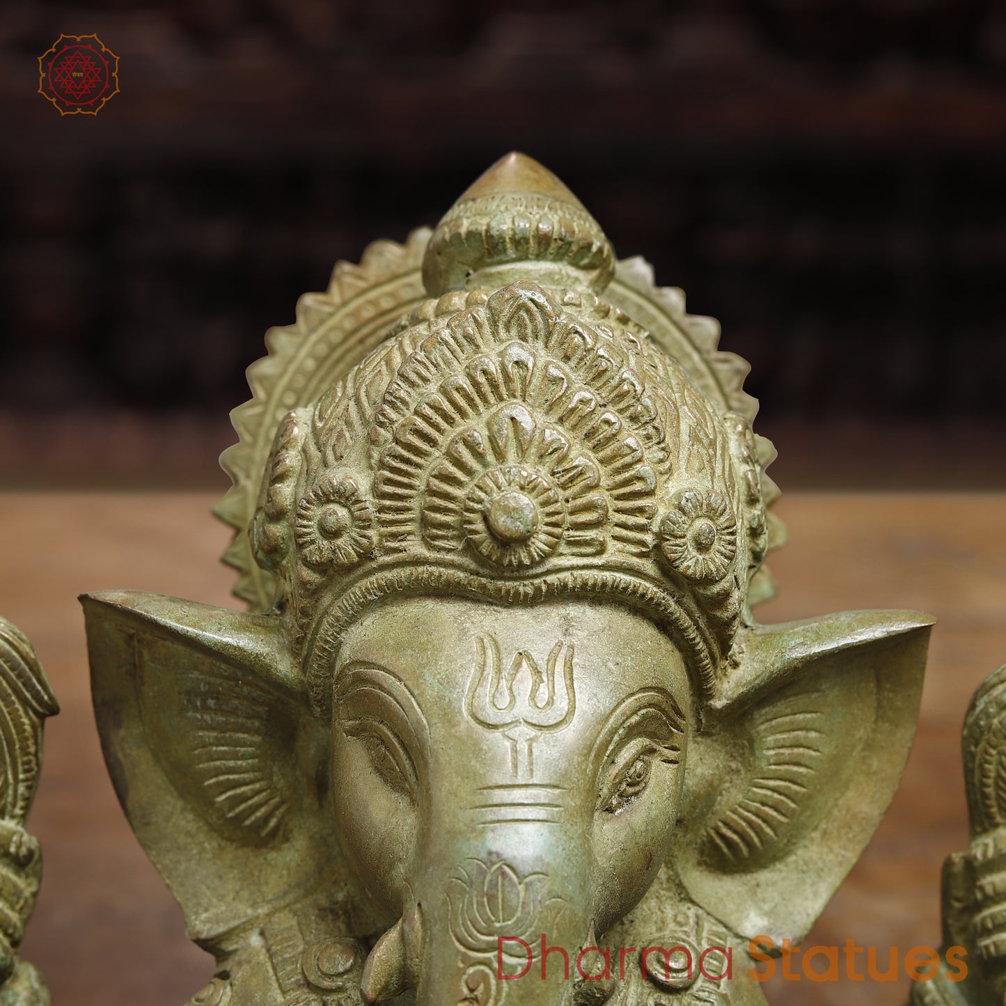 Brass Ganesh seated in Blessing Posture, Fine Green Finish, 8"