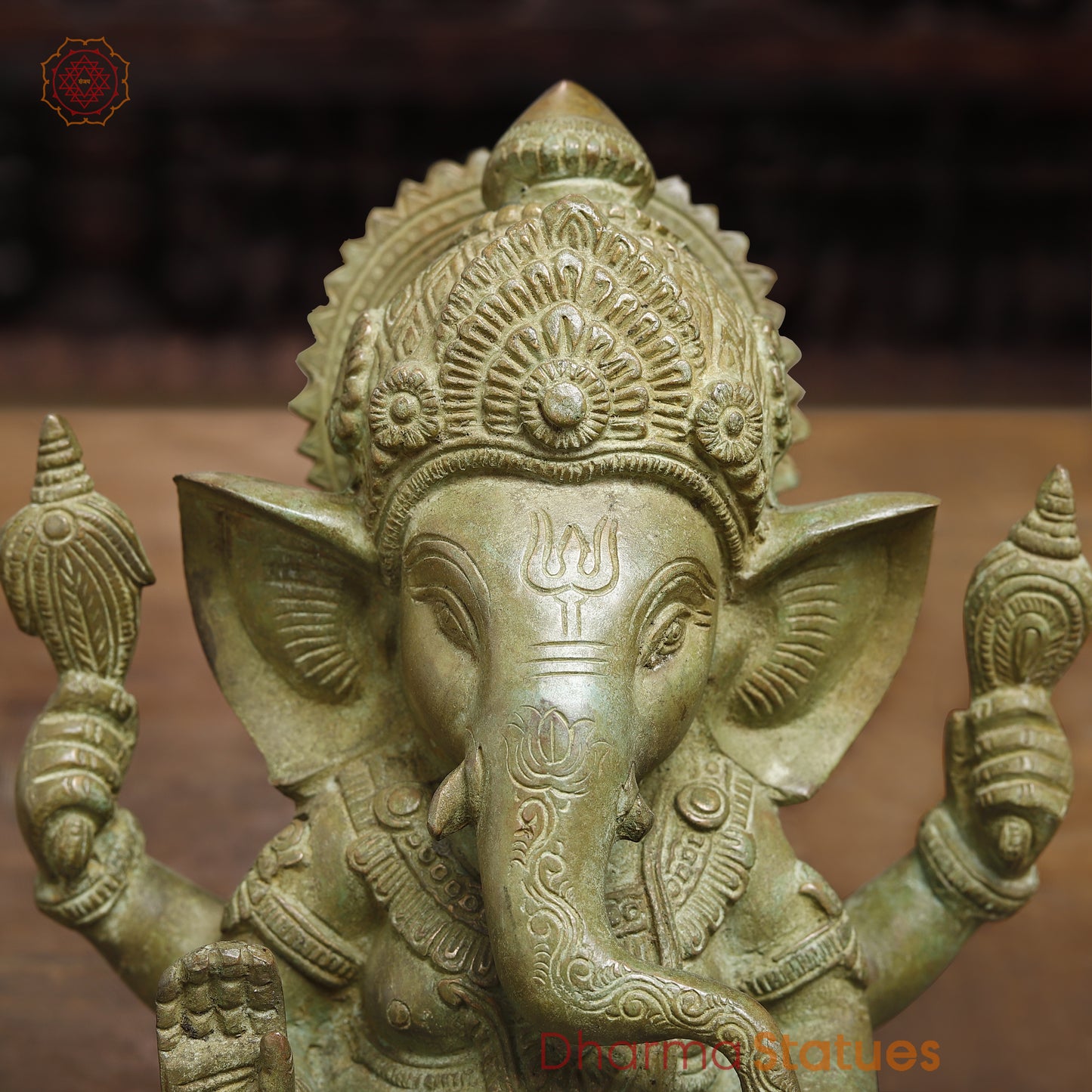 Brass Ganesh seated in Blessing Posture, Fine Green Finish, 8"