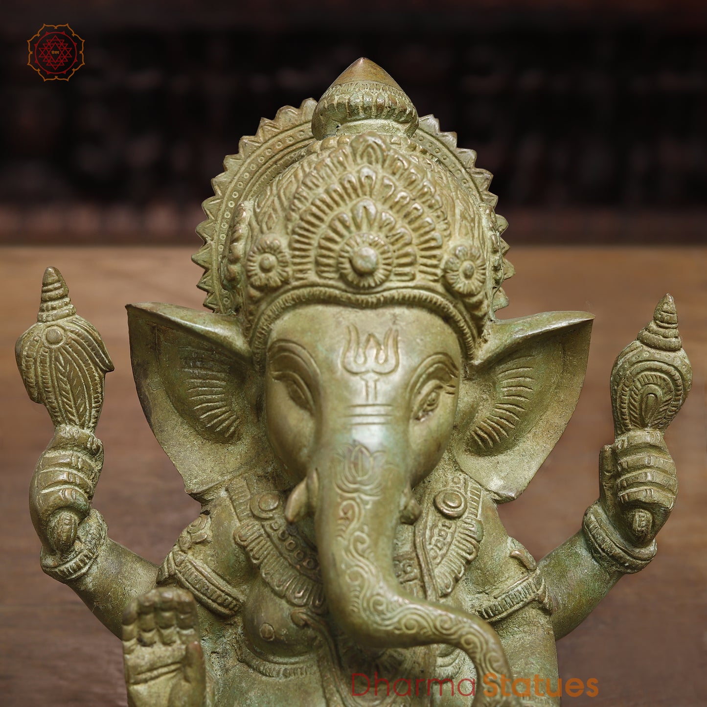 Brass Ganesh seated in Blessing Posture, Fine Green Finish, 8"