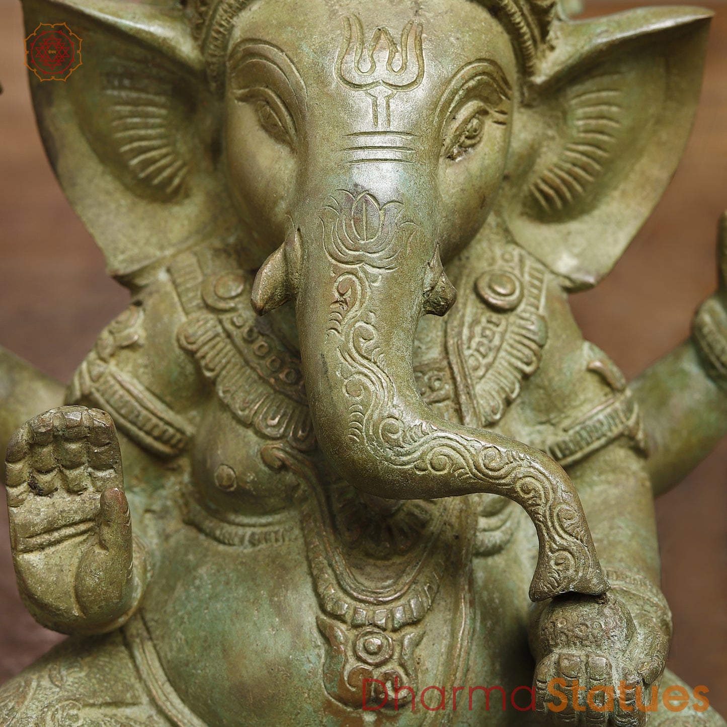 Brass Ganesh seated in Blessing Posture, Fine Green Finish, 8"