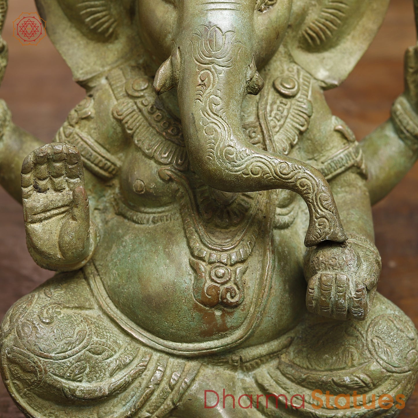 Brass Ganesh seated in Blessing Posture, Fine Green Finish, 8"