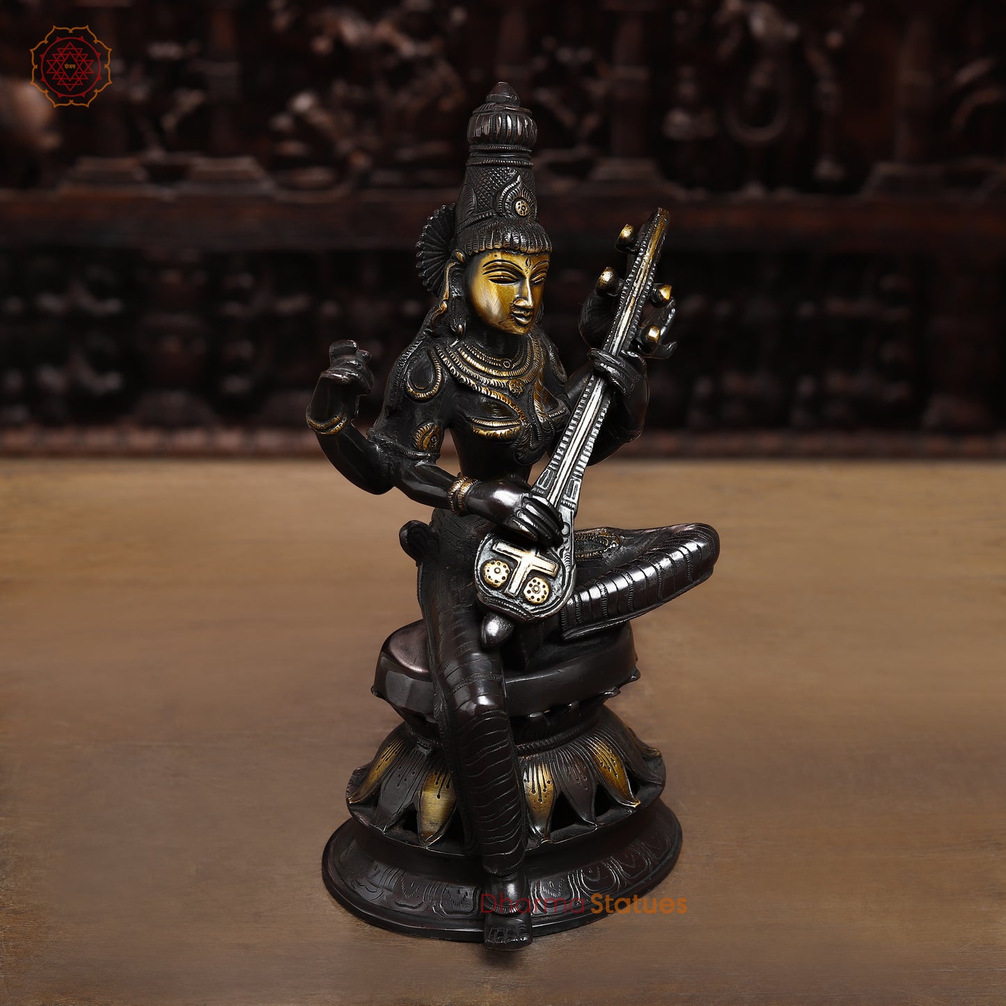 Brass Saraswati, Black Patina & Golden Finish, 12.5"